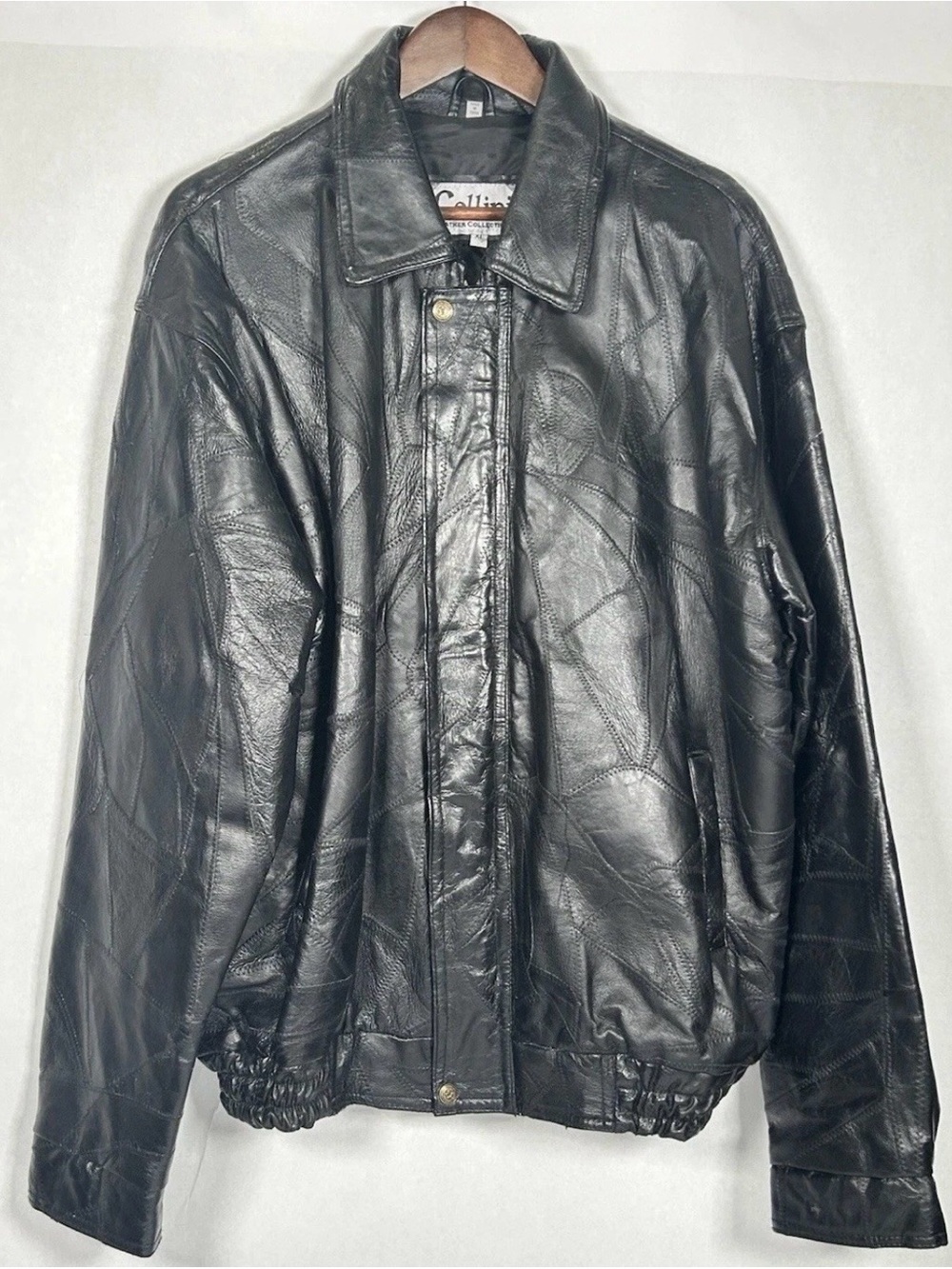Vintage CELLINI Black Patchwork Leather SIZE XL Bomber Jacket Coat